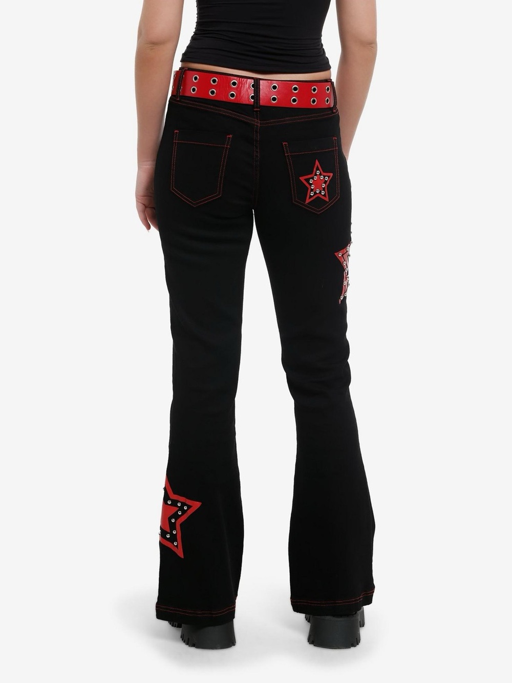 Social Collision Red Star Studded Black Flares With Grommet Belt Size 9 NEW - Picture 2 of 10